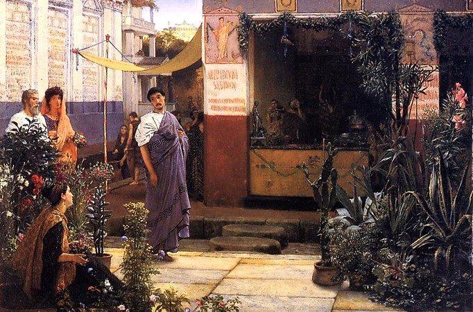 «Цветочный рынок» (также известный как «Римский цветочный рынок в Помпеях»), 1868 г., автор Лоренс Альма-Тадема. Масло на панели; 42 см на 58 см. Манчестерская художественная галерея. (Общественное достояние)
 | Epoch Times Media