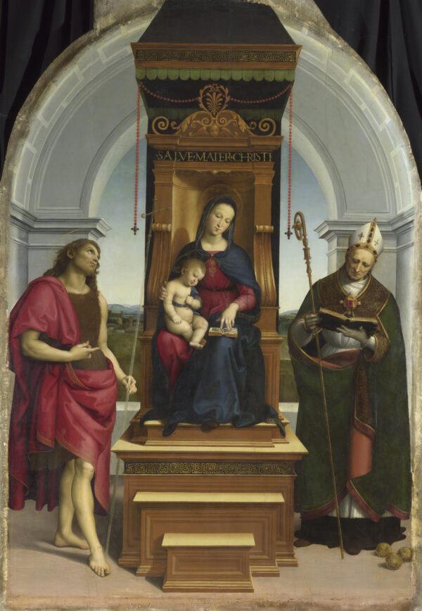 «Мадонна с младенцем со святыми Иоанном Крестителем и святым Николаем Барийским («Мадонна Ансидеи»)», 1505 г., Рафаэль. Национальная галерея, Лондон. (Национальная галерея, Лондон)