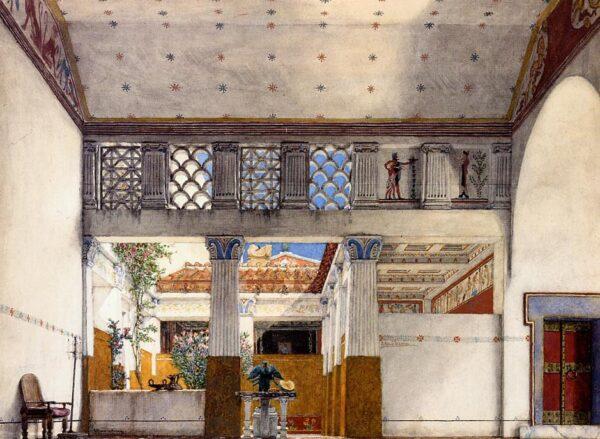«Интерьер дома Кая Мартия», 1901 год, автор Лоренс Альма-Тадема. Акварель с карандашом и телесной краской на бумаге; 37 см на 50 см. Частная коллекция (общественное достояние)